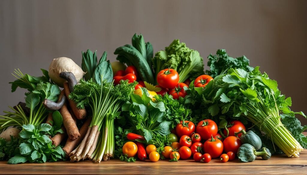 A lush, vibrant still life depicting an array of fresh, seasonal "sayuran" (Indonesian for vegetables). In the foreground, a mix of leafy greens, crunchy stalks, and colorful root vegetables are arranged in an artful, natural composition. The middle ground features clusters of ripe tomatoes, peppers, and other premium produce, bathed in soft, natural lighting that enhances their rich hues. In the background, a simple, yet elegant wooden table or surface sets the stage, with a muted, earthy backdrop that allows the produce to take center stage. The overall mood is one of health, abundance, and culinary inspiration - a celebration of the flavorful, plant-forward ingredients that will define the future of premium meal delivery.