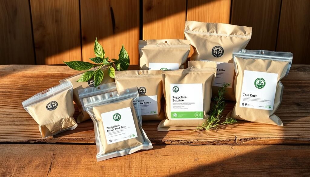 A meticulously crafted, eco-friendly packaging arrangement resting on a rustic wooden surface, illuminated by warm, natural lighting. The packaging features a harmonious blend of sustainable materials such as recyclable cardboard, compostable plant-based plastics, and minimal ink usage. Sleek, minimalist design elements create a visually appealing, low-impact aesthetic that speaks to the "zero waste" and "low-impact" ethos. The composition evokes a sense of environmental consciousness, seamlessly integrating the packaging into the overall culinary experience, from kitchen to table.