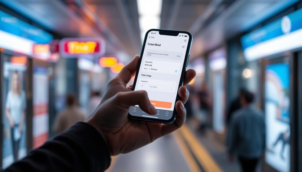 A modern mobile interface with a sleek, minimalist design showcasing an online ticket booking experience. In the foreground, a hand holds a smartphone, the screen displaying a simple yet visually engaging ticket booking flow. The middle ground features a blurred, out-of-focus background of a bustling city scene, hinting at the convenience of mobile booking. The lighting is soft and indirect, creating a pleasant, approachable atmosphere. The angle is slightly angled, giving a sense of dynamism and movement. The overall tone is one of efficiency, accessibility, and a seamless, mobile-first user experience.
