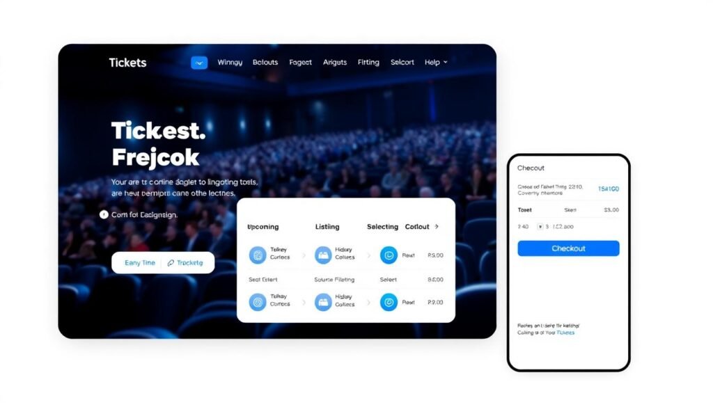 A modern, responsive website interface showcasing an online ticketing system. Prominent "Tickets" navigation button in the header, leading to a sleek landing page with a large search bar, upcoming event listings, and intuitive filtering options. Detailed seat selection and checkout process, with a clean, minimalist design aesthetic. Vibrant color palette of blues, grays, and whites, creating a professional and trustworthy visual experience. Compelling imagery of a packed movie theater in the background, hinting at the popularity and demand for online ticketing. Subtle textures and depth-of-field effects, giving the interface a polished, high-quality feel. The overall layout and user flow should emphasize the convenience and efficiency of the online ticketing platform.