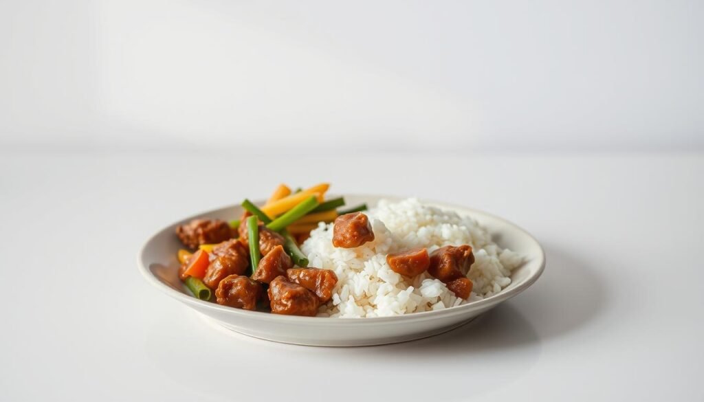 A neatly arranged plate showcasing a piping hot, freshly reheated meal. The food glistens under the soft, diffused lighting, steam gently rising from the dish. The textures are distinct - tender meat, fluffy rice, crisp vegetables. The presentation is clean and appetizing, inviting the viewer to imagine the satisfying flavors and aromas. The background is a minimalist kitchen countertop, spotless and uncluttered, allowing the focus to remain on the delectable "reheat-and-serve" meal. The overall mood is one of simplicity, convenience, and culinary delight - a healthy, hassle-free dining experience.