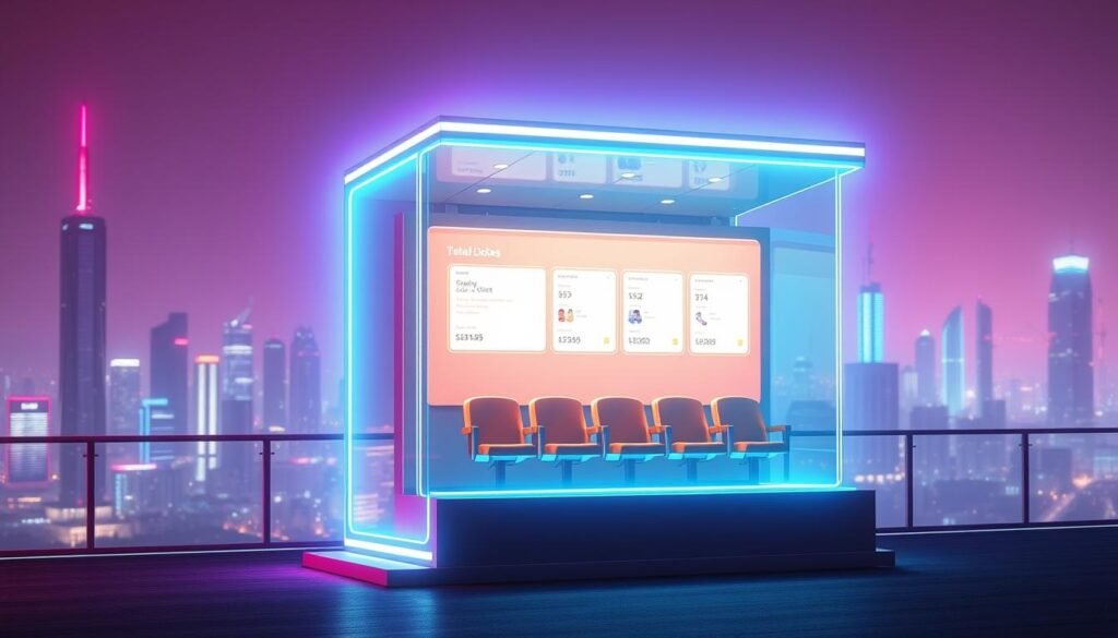 A neon-lit virtual ticket booth, its holographic interface glimmering with futuristic elegance. Sleek, minimalist lines define the structure, while dynamic lighting casts a vibrant glow, creating an immersive atmosphere of technological wonder. The ticket display showcases available seats, their vacant spaces beckoning cinema-goers to secure their virtual reservations. In the background, a cityscape of skyscrapers and holograms sets the stage, hinting at the high-tech landscape of the year 2025. The overall scene conveys a sense of innovation and streamlined efficiency, reflecting the "Siapkan Infrastruktur War Tiket ala Penjualan Konser untuk Film Hype" section of the article.