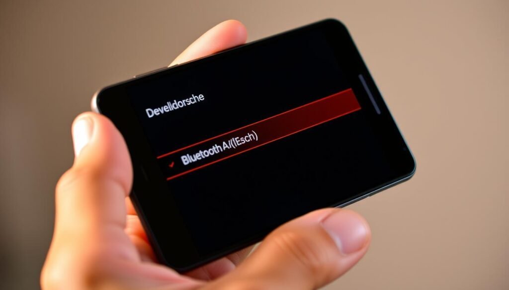 A detailed view of an Android smartphone's Developer Options menu, with the "Bluetooth" subsection prominently displayed. The screen is bathed in a warm, soft lighting, creating a focused, technical atmosphere. The menu interface is clean and minimalist, highlighting the "Gabeldorsche Bluetooth" option in a contrasting color. The smartphone is held at a slight angle, capturing the screen in perfect clarity while suggesting a hands-on, interactive experience. The background is slightly blurred, drawing the viewer's attention to the key details of the Developer Options menu.