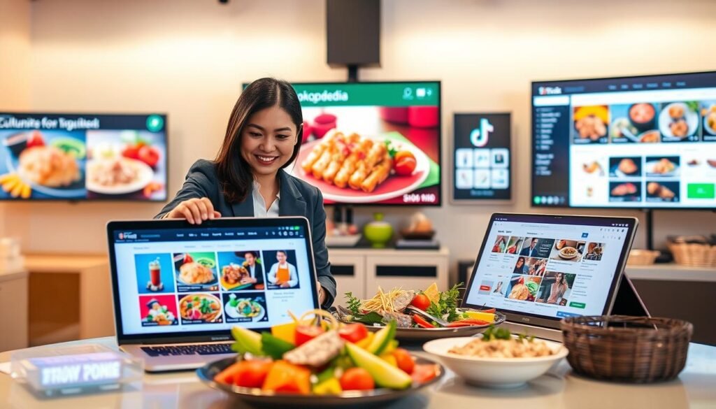 A dynamic and engaging scene showcasing the integration of Tokopedia and TikTok Shop, highlighting opportunities for culinary UMKM (micro, small, and medium enterprises). In the foreground, a well-dressed businesswoman and businessman are confidently discussing on a laptop, displaying vibrant product images from both platforms. The middle ground features a colorful array of delicious local dishes being showcased on a table, symbolizing the culinary focus of the UMKM. In the background, digital screens illustrate TikTok videos and Tokopedia's interface, creating a sense of connectivity between the two platforms. The lighting is bright and inviting, suggesting innovation and growth, while the overall mood conveys excitement and potential in the culinary market. A dynamic and engaging scene showcasing the integration of Tokopedia and TikTok Shop, highlighting opportunities for culinary UMKM (micro, small, and medium enterprises). In the foreground, a well-dressed businesswoman and businessman are confidently discussing on a laptop, displaying vibrant product images from both platforms. The middle ground features a colorful array of delicious local dishes being showcased on a table, symbolizing the culinary focus of the UMKM. In the background, digital screens illustrate TikTok videos and Tokopedia's interface, creating a sense of connectivity between the two platforms. The lighting is bright and inviting, suggesting innovation and growth, while the overall mood conveys excitement and potential in the culinary market.