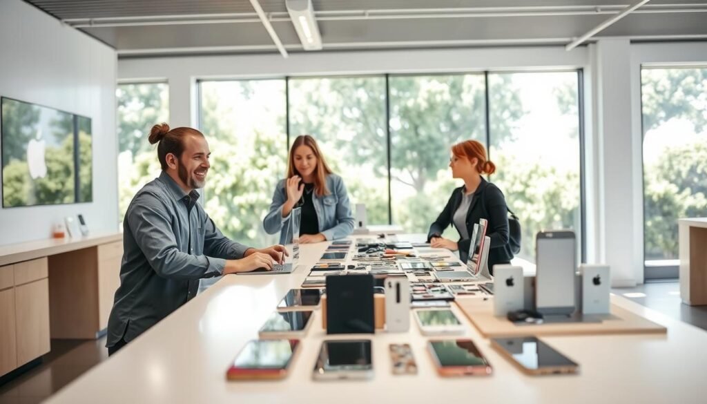 A modern and inviting Apple service center, focused on building customer trust for iPhone repair services. In the foreground, a friendly technician in professional attire is assisting a customer at a sleek service desk, showcasing a relaxed and welcoming interaction. In the middle, display a variety of iPhones and repair parts neatly organized, emphasizing attention to detail and professionalism. The background features bright, natural lighting streaming through large windows, creating an open and airy atmosphere. Soft greenery can be seen outside, adding a touch of calmness. The overall mood is positive and reassuring, highlighting the commitment to customer satisfaction and quality service in the tech repair industry.