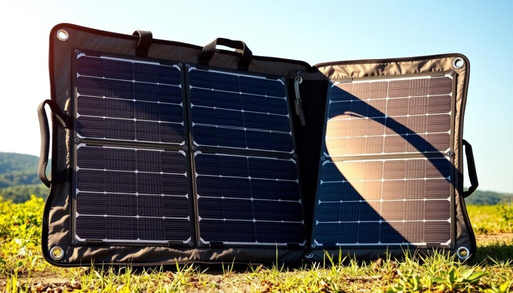 A portable solar panel array with sleek, folding panels nestled in a sturdy, lightweight carrying case. The panels gleam in warm, natural daylight, their surfaces etched with intricate solar cell patterns. The case features robust handles and straps, allowing for easy transport and setup. Soft shadows cast by the panels create a sense of depth, while the background is a serene, nature-inspired landscape with lush greenery and a clear, azure sky. The overall composition conveys a balance of cutting-edge technology and environmental sustainability, perfect for powering devices on the go.