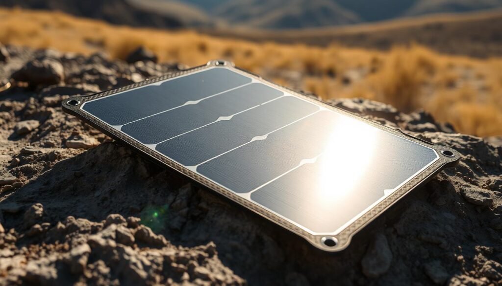 A portable solar panel resting on a rugged surface, with a sleek and modern design. The panel gleams under bright, directional sunlight, casting dynamic shadows across its surface. In the background, a serene natural landscape unfolds, hinting at the panel's off-grid versatility. The overall composition evokes a sense of self-sufficiency, sustainable energy, and the convenience of portable power for a variety of outdoor activities and remote applications. A portable solar panel resting on a rugged surface, with a sleek and modern design. The panel gleams under bright, directional sunlight, casting dynamic shadows across its surface. In the background, a serene natural landscape unfolds, hinting at the panel's off-grid versatility. The overall composition evokes a sense of self-sufficiency, sustainable energy, and the convenience of portable power for a variety of outdoor activities and remote applications.