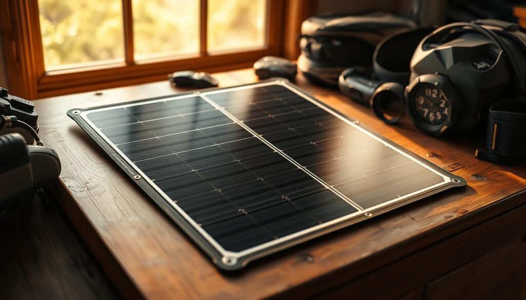 A portable solar panel resting on a wooden surface, its sleek black panels catching the warm light from a large window. The panel's edges are subtly accented with metallic trim, adding a touch of sophistication. The panel is surrounded by various outdoor adventure gear, hinting at its versatility and ruggedness. The lighting is soft and diffused, creating a natural, inviting atmosphere. The camera angle is slightly elevated, giving a dynamic perspective that highlights the panel's clean, modern design. The overall scene conveys a sense of eco-friendly power and the freedom of off-grid living. A portable solar panel resting on a wooden surface, its sleek black panels catching the warm light from a large window. The panel's edges are subtly accented with metallic trim, adding a touch of sophistication. The panel is surrounded by various outdoor adventure gear, hinting at its versatility and ruggedness. The lighting is soft and diffused, creating a natural, inviting atmosphere. The camera angle is slightly elevated, giving a dynamic perspective that highlights the panel's clean, modern design. The overall scene conveys a sense of eco-friendly power and the freedom of off-grid living.