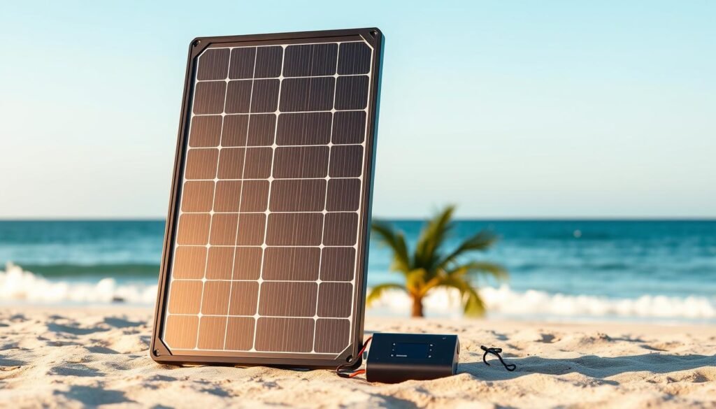 A portable solar panel with sleek, modern design, standing upright on a sandy beach against a backdrop of clear blue sky and tranquil ocean. The panel's surface reflects the warm, natural sunlight, casting a soft, golden glow. The foreground includes a sturdy, lightweight frame and adjustable kickstand, allowing for easy setup and positioning. In the middle ground, a small, rechargeable battery pack sits next to the panel, ready to store the harvested solar energy. The background features a few palm trees swaying gently in the sea breeze, creating a serene, tropical atmosphere. The overall scene conveys the panel's versatility, portability, and ability to provide off-grid, renewable power in a variety of outdoor settings. A portable solar panel with sleek, modern design, standing upright on a sandy beach against a backdrop of clear blue sky and tranquil ocean. The panel's surface reflects the warm, natural sunlight, casting a soft, golden glow. The foreground includes a sturdy, lightweight frame and adjustable kickstand, allowing for easy setup and positioning. In the middle ground, a small, rechargeable battery pack sits next to the panel, ready to store the harvested solar energy. The background features a few palm trees swaying gently in the sea breeze, creating a serene, tropical atmosphere. The overall scene conveys the panel's versatility, portability, and ability to provide off-grid, renewable power in a variety of outdoor settings.