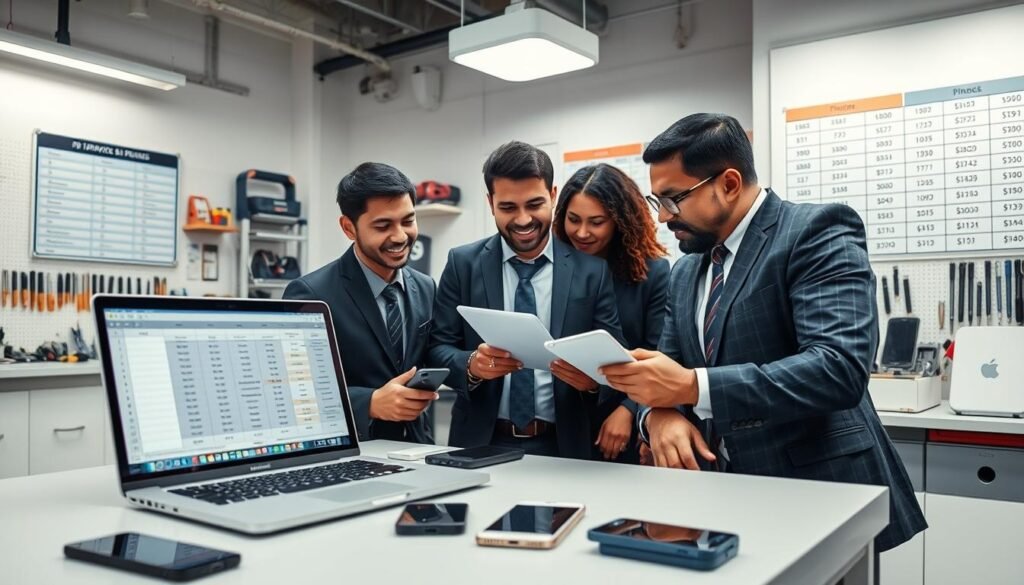 A professional smartphone repair setting focusing on iPhone service pricing strategies. In the foreground, a well-organized workspace with a sleek desk featuring a modern laptop displaying a pricing spreadsheet alongside iPhones undergoing repair. In the middle, a diverse team of three technicians in smart business attire—one of Asian descent, one Black, and one Hispanic—discussing pricing packages with expression and enthusiasm. The background shows a clean repair shop with tools neatly arranged, a wall-mounted chart depicting price tiers, and bright overhead lighting that highlights the interaction. The mood is collaborative and focused, evoking a sense of strategy and professionalism in the service environment.