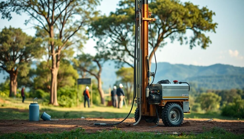 A serene and tranquil scene of a small-scale well drilling service. In the foreground, a compact and efficient well drilling rig stands firmly on the ground, its hydraulic mechanisms poised to bore a deep, narrow shaft. The rig is surrounded by a neatly organized array of tools and equipment, reflecting the precision and expertise of the service. In the middle ground, a team of skilled technicians in protective gear carefully monitors the drilling process, ensuring a smooth and efficient operation. The background depicts a lush, verdant landscape, with towering trees and a clear blue sky, suggesting the rural or semi-rural setting of this essential water access service. The lighting is soft and natural, creating a calming and inviting atmosphere, underscoring the importance of this compact, sustainable solution for water supply challenges.