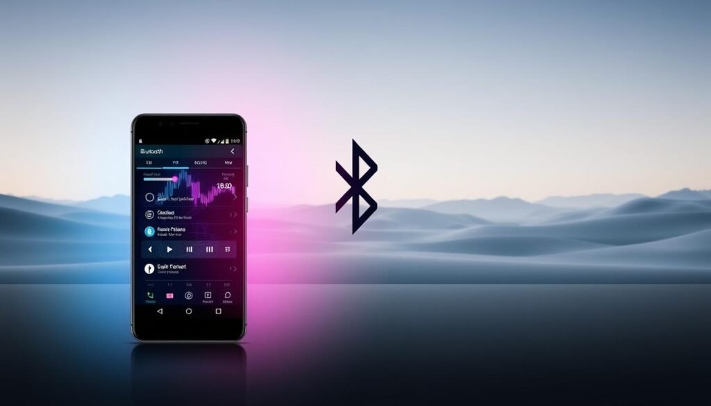 A sleek, modern illustration showcasing the optimization of audio performance. In the foreground, an Android smartphone with a glowing, vibrant display showcasing audio visualizations and settings. In the middle ground, a stylized Bluetooth symbol, representing the wireless connectivity. The background features a serene, minimalist landscape with soft, diffused lighting, conveying a sense of efficiency and technological harmony. The overall composition emphasizes the harmony between hardware, software, and user experience, capturing the essence of the "Gabeldorsche" Bluetooth Stack optimization.
