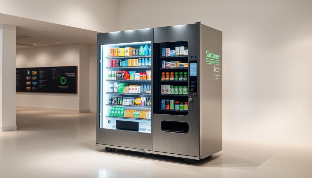 A sleek, sustainable vending machine stands in a minimalist, well-lit showroom. Its exterior features a clean, modern design with brushed metal accents and a prominent display screen. The machine offers a diverse selection of eco-friendly products, from reusable water bottles and compostable snacks to solar-powered chargers and refillable cleaning supplies. Soft, ambient lighting illuminates the interior, showcasing the carefully curated inventory. The machine's interface is intuitive and user-friendly, encouraging customers to make sustainable choices. The overall atmosphere exudes a sense of environmental consciousness and forward-thinking design, seamlessly blending function and aesthetics.
