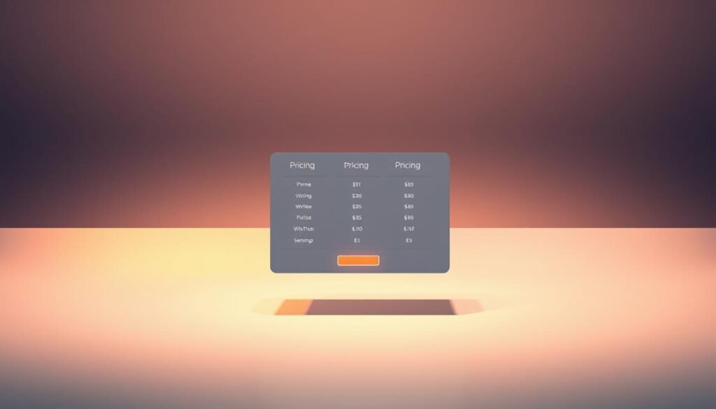 A sophisticated pricing display in a minimalist, modern setting. The foreground features a sleek, floating pricing table with clean typography and geometric shapes, illuminated by warm, directional lighting. The middle ground showcases a serene, abstract backdrop with subtle color gradients, creating a sense of depth and visual interest. The background is a tranquil, muted environment, allowing the pricing information to take center stage. The overall mood is one of elegance, clarity, and a focus on the core pricing strategy.
