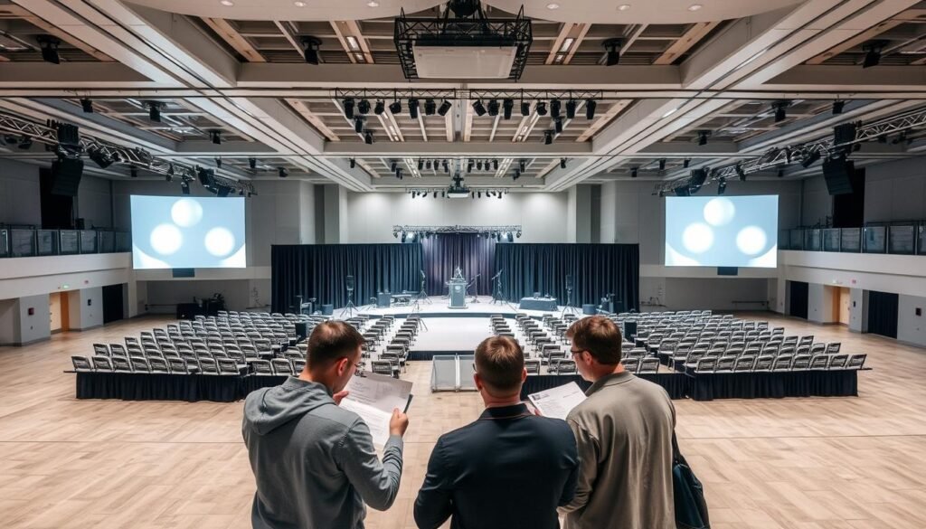 A spacious event venue with a modern, minimalist aesthetic. The middle ground features a well-organized stage setup, complete with professional-grade lighting fixtures and sound equipment arranged in a symmetrical layout. In the foreground, event organizers consult diagrams and checklists, carefully planning the technical specifications and logistical requirements for the upcoming occasion. The background showcases the venue's expansive floor plan and high ceilings, providing ample space for the anticipated scale of the event. The overall mood is one of focused preparation, as the team ensures every detail is accounted for to deliver a seamless and memorable experience.