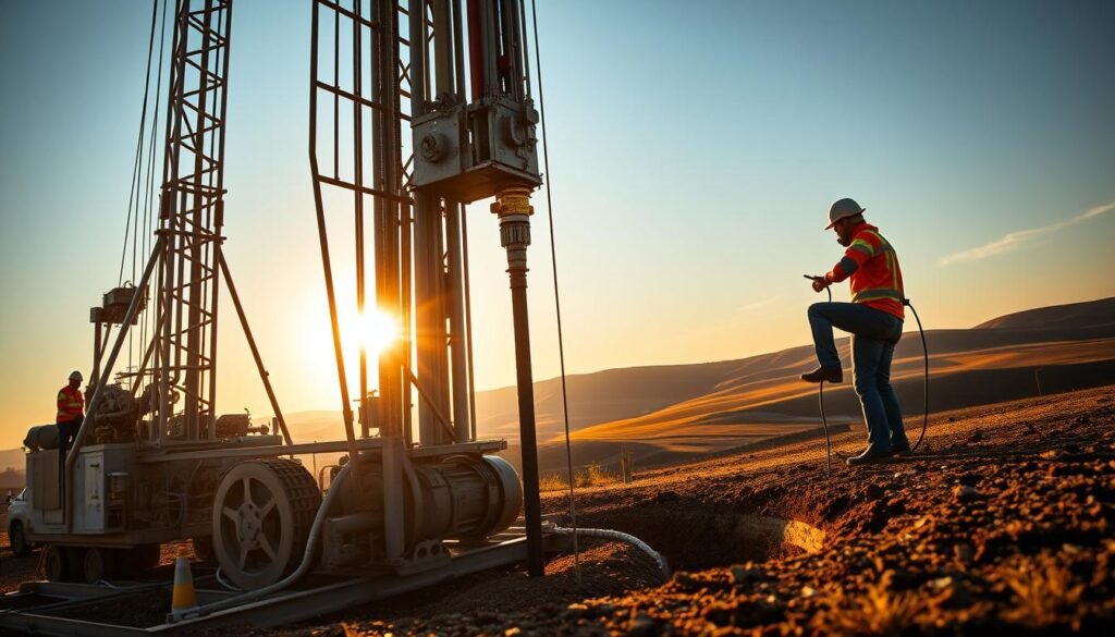 A transparent, efficient, and safe drilling operation. In the foreground, a powerful drilling rig with a sturdy tower, its hydraulic machinery in motion. Workers in safety gear closely monitor the process, ensuring precision and care. The middle ground showcases the borehole being drilled, the earth's layers revealed as the drill bit penetrates deeper. In the background, a serene landscape with rolling hills, a clear sky, and the sun's warm glow, conveying a sense of tranquility and control. The scene is illuminated by a combination of natural and artificial lighting, casting dynamic shadows and highlights that accentuate the technical details. The overall atmosphere is one of professionalism, efficiency, and a commitment to safety, reflecting the section's focus on transparent, rapid, and secure well-drilling operations.