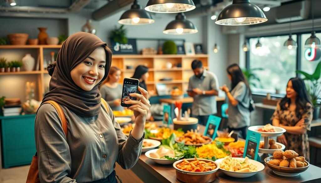 A vibrant, engaging scene depicting a successful TikTok shop for a culinary UMKM (small to medium enterprise). In the foreground, showcase a cheerful, professional businesswoman wearing modest casual attire, actively engaging with a smartphone, capturing high-quality product videos. The middle ground features an inviting display of various colorful local delicacies and unique dishes beautifully arranged on a table, attracting potential customers. In the background, a modern, decorated workspace with soft lighting that enhances the warm atmosphere. The scene should convey a sense of community and innovation, with lively interactions among satisfied customers and a backdrop of playful TikTok branding elements subtly integrated. Capture the mood of excitement and opportunity, while maintaining a clean, polished, and professional look. A vibrant, engaging scene depicting a successful TikTok shop for a culinary UMKM (small to medium enterprise). In the foreground, showcase a cheerful, professional businesswoman wearing modest casual attire, actively engaging with a smartphone, capturing high-quality product videos. The middle ground features an inviting display of various colorful local delicacies and unique dishes beautifully arranged on a table, attracting potential customers. In the background, a modern, decorated workspace with soft lighting that enhances the warm atmosphere. The scene should convey a sense of community and innovation, with lively interactions among satisfied customers and a backdrop of playful TikTok branding elements subtly integrated. Capture the mood of excitement and opportunity, while maintaining a clean, polished, and professional look.