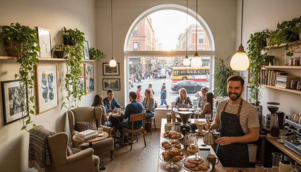 A cozy coffee shop interior featuring strategic design elements for attracting customers, showcasing inviting tables with comfortable seating, shelves of vibrant plants, and a large window for natural light. In the foreground, a barista in casual attire prepares coffee, radiating friendliness. The middle ground displays a warm wooden counter with coffee equipment and pastries. The background consists of bustling street views visible through the window, hinting at foot traffic. The atmosphere is lively yet relaxed, with soft ambient lighting that enhances the inviting vibe. Capture this scene from a slightly elevated angle, focusing on the inviting details that make this coffee shop ideal for social gatherings. A cozy coffee shop interior featuring strategic design elements for attracting customers, showcasing inviting tables with comfortable seating, shelves of vibrant plants, and a large window for natural light. In the foreground, a barista in casual attire prepares coffee, radiating friendliness. The middle ground displays a warm wooden counter with coffee equipment and pastries. The background consists of bustling street views visible through the window, hinting at foot traffic. The atmosphere is lively yet relaxed, with soft ambient lighting that enhances the inviting vibe. Capture this scene from a slightly elevated angle, focusing on the inviting details that make this coffee shop ideal for social gatherings.