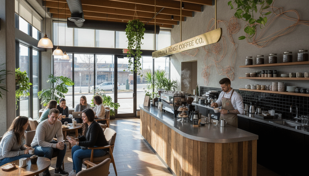 A modern coffee shop interior featuring a unique and authentic branding concept. In the foreground, a cozy seating area with comfortably dressed patrons enjoying their drinks, some engaged in conversations, others working on laptops. The middle section showcases a stylish coffee counter with an artisan barista in professional attire, surrounded by decorative coffee-related art and intriguing product displays. The background reveals large windows with natural light filtering in, illuminating wooden elements and vibrant plants, creating a warm and inviting atmosphere. The mood is relaxed yet energetic, capturing the essence of a contemporary coffee culture. The composition is photographed from a slightly elevated angle to showcase both the ambience and the dynamic interactions within the space. A modern coffee shop interior featuring a unique and authentic branding concept. In the foreground, a cozy seating area with comfortably dressed patrons enjoying their drinks, some engaged in conversations, others working on laptops. The middle section showcases a stylish coffee counter with an artisan barista in professional attire, surrounded by decorative coffee-related art and intriguing product displays. The background reveals large windows with natural light filtering in, illuminating wooden elements and vibrant plants, creating a warm and inviting atmosphere. The mood is relaxed yet energetic, capturing the essence of a contemporary coffee culture. The composition is photographed from a slightly elevated angle to showcase both the ambience and the dynamic interactions within the space.