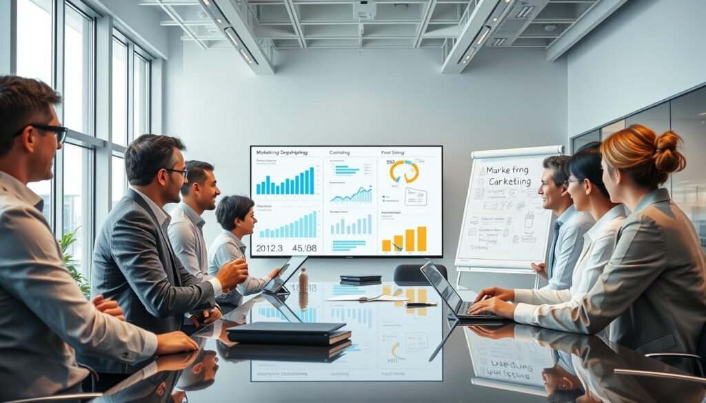 A modern office scene illustrating effective marketing strategies for dropshipping in 2025. In the foreground, a diverse team of professionals, dressed in business attire, collaborates around a sleek conference table. They are engaged in a brainstorming session with digital devices displaying graphs and marketing data. The middle ground features a large digital screen showcasing marketing trends and e-commerce statistics, while a whiteboard filled with strategy notes and ideas stands nearby. The background reveals a bright, open office space with large windows, letting in natural light, creating an energetic and optimistic atmosphere. Use a wide-angle lens to capture the depth and activity of the space, ensuring the overall mood conveys innovation and teamwork in a successful business environment.