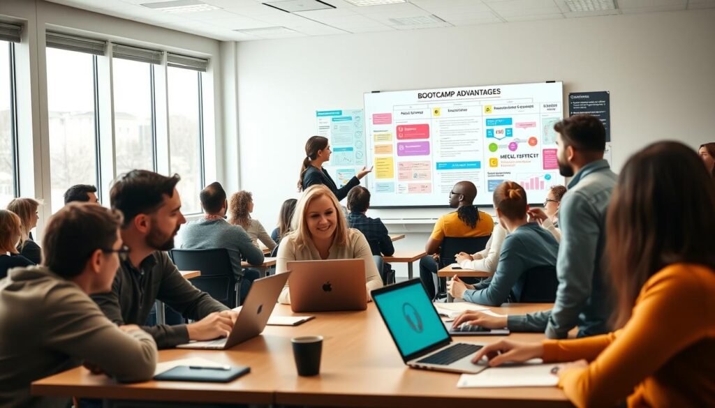 A modern, organized bootcamp classroom filled with diverse adult learners, immersed in engaging activities. In the foreground, a focused male and female student collaborate at a table, analyzing coding on a laptop, showcasing teamwork. The middle ground features a dynamic instructor actively facilitating a discussion, gesturing towards a digital whiteboard filled with colorful charts and key concepts of bootcamp advantages. The background boasts large windows providing ample natural light, creating an inviting atmosphere. Use a wide-angle lens to capture the bustling energy of the room, with soft, warm lighting to enhance the motivation and excitement of learning. The overall mood is inspiring and productive, highlighting the benefits of structured bootcamp programs.
