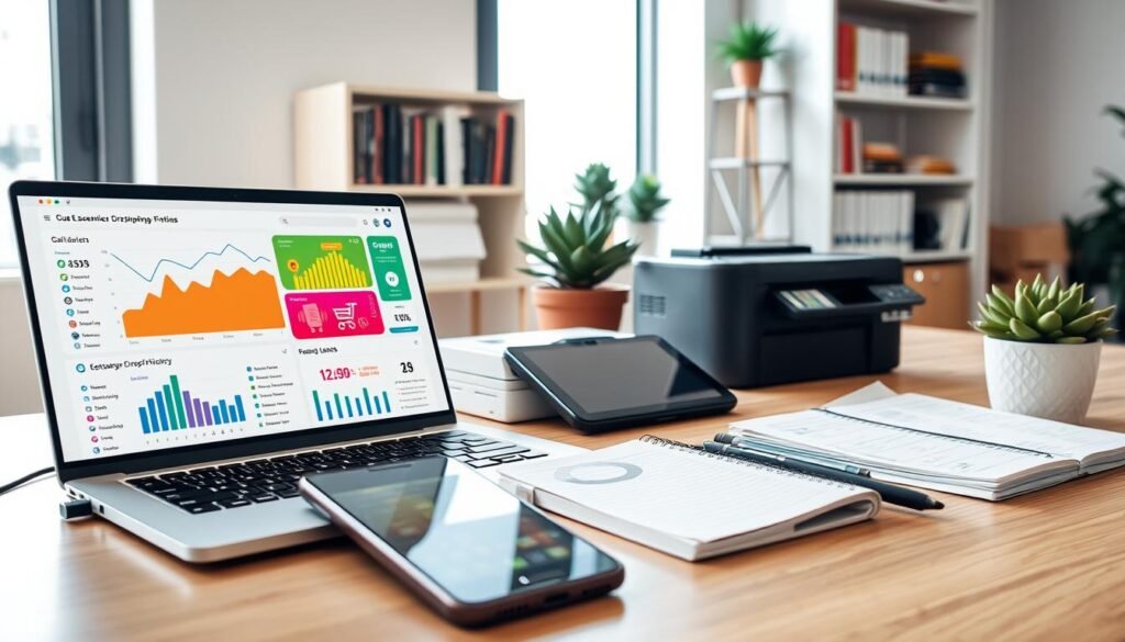 A modern workspace featuring essential dropshipping tools and technology for 2025. In the foreground, a sleek laptop displays a colorful dashboard with analytics and sales data. Beside it, a smartphone shows a popular e-commerce app. In the middle, a well-organized desk has various gadgets like a tablet, a printer for shipping labels, and a notepad filled with notes. The background features a minimalist bookshelf with relevant business books and a succulent plant for a refreshing touch. The room is brightly lit by natural sunlight streaming through a large window, creating a warm and inviting atmosphere. Capture this scene from a slightly elevated angle to showcase the workspace effectively, emphasizing organization and modernity.