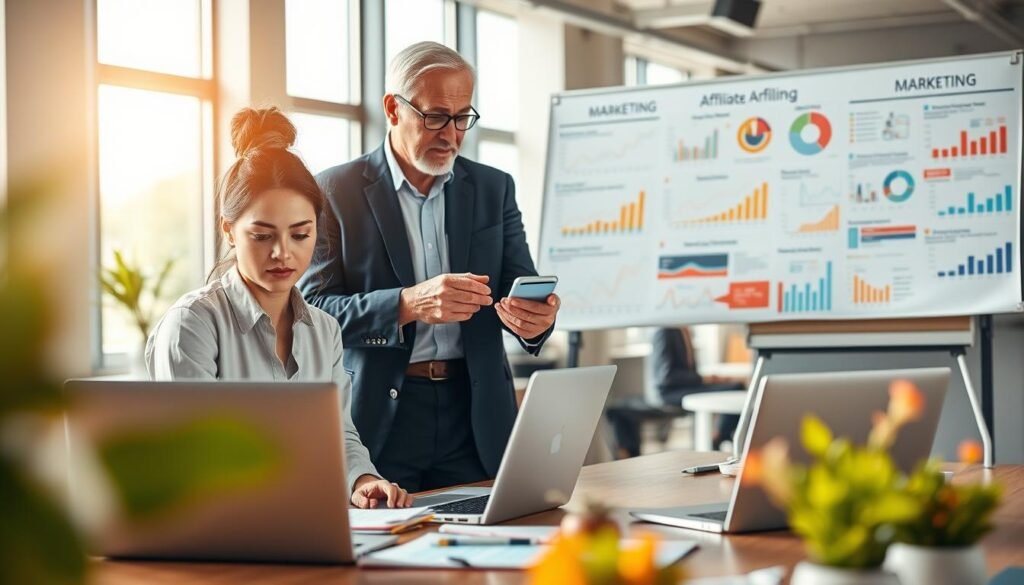 A modern workspace scene featuring a diverse group of professionals engaged in affiliate marketing. In the foreground, a focused young woman in business casual attire, working on her laptop, analyzing marketing analytics on her screen. To the side, a middle-aged man in a suit discusses strategy with a colleague, pointing at a smartphone showcasing a successful product promotion. In the middle ground, a large whiteboard covered in colorful graphs and marketing strategies. The background shows a bright, open office with natural light streaming in through large windows, creating a motivating atmosphere. Use a shallow depth of field to emphasize the professionals, capturing a sense of collaboration and productivity. Soft, warm lighting adds a welcoming glow to the scene. A modern workspace scene featuring a diverse group of professionals engaged in affiliate marketing. In the foreground, a focused young woman in business casual attire, working on her laptop, analyzing marketing analytics on her screen. To the side, a middle-aged man in a suit discusses strategy with a colleague, pointing at a smartphone showcasing a successful product promotion. In the middle ground, a large whiteboard covered in colorful graphs and marketing strategies. The background shows a bright, open office with natural light streaming in through large windows, creating a motivating atmosphere. Use a shallow depth of field to emphasize the professionals, capturing a sense of collaboration and productivity. Soft, warm lighting adds a welcoming glow to the scene.