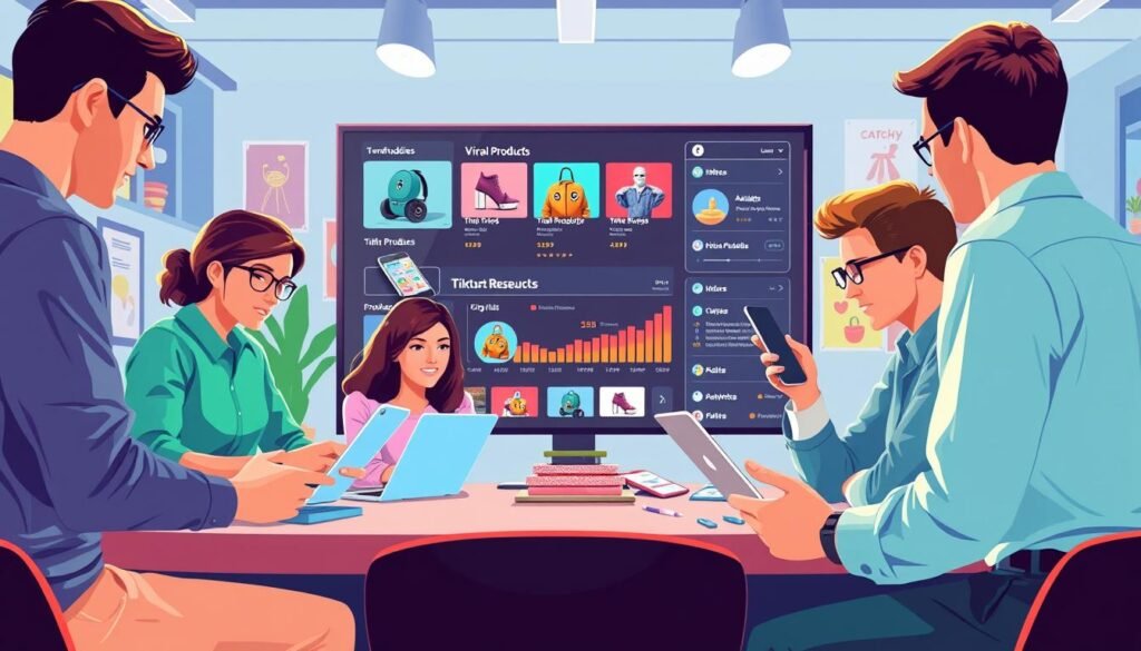 A vibrant and dynamic illustration depicting a TikTok product research strategy. In the foreground, a diverse group of young professionals, dressed in smart casual attire, is engaged in a brainstorming session, analyzing viral product trends on their laptops and smartphones. In the middle, a large digital screen displays trending TikTok videos and analytics, with catchy product visuals and engagement statistics. In the background, hints of a trendy office environment, decorated with creative posters and collaborative spaces, enhance the innovative atmosphere. The lighting is bright and inviting, creating a sense of energy and inspiration. The composition emphasizes collaboration and creativity, hinting at the potential for viral success in e-commerce on TikTok.
