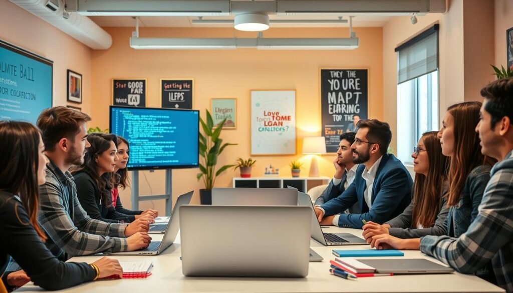 A vibrant and engaging scene depicting a popular online bootcamp for tech skills. In the foreground, a diverse group of students, dressed in professional business casual attire, are attentively watching a large screen displaying interactive coding exercises. The middle ground features modern laptops and notebooks scattered across a bright workspace, with motivational posters related to technology and learning. In the background, a cozy, well-lit study room with plants and soft lighting creates a warm atmosphere. The arrangement of students suggests collaboration and enthusiasm, with expressions of concentration and inspiration. The image captures a sense of community and ambition, emphasizing the future-focused nature of online learning.