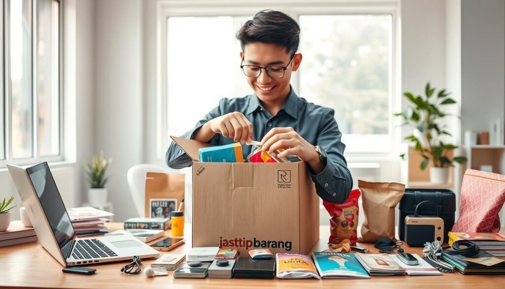 A vibrant workspace featuring a professional individual in smart casual attire, attentively packing various products into a stylish cardboard box, symbolizing 'jasa titip barang' (goods delivery service). In the foreground, the person is carefully sealing the box with tape, surrounded by an organized desk with a laptop, small goods, and packing materials. The middle showcases a diverse range of items like electronics, fashion accessories, and local snacks neatly arranged. The background depicts a bright office environment with soft natural lighting streaming through large windows, creating a warm and inviting atmosphere. The scene radiates professionalism and efficiency, emphasizing a side business that seamlessly integrates into a busy work life. A vibrant workspace featuring a professional individual in smart casual attire, attentively packing various products into a stylish cardboard box, symbolizing 'jasa titip barang' (goods delivery service). In the foreground, the person is carefully sealing the box with tape, surrounded by an organized desk with a laptop, small goods, and packing materials. The middle showcases a diverse range of items like electronics, fashion accessories, and local snacks neatly arranged. The background depicts a bright office environment with soft natural lighting streaming through large windows, creating a warm and inviting atmosphere. The scene radiates professionalism and efficiency, emphasizing a side business that seamlessly integrates into a busy work life.