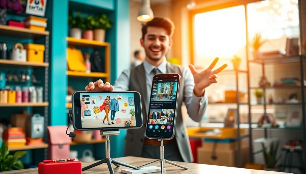 A visually striking and engaging scene depicting a TikTok shop setup in a vibrant, modern workspace. In the foreground, a young entrepreneur in smart casual attire is showcasing various popular products, such as fashion accessories and gadgets, with an excited expression. The middle ground features a smartphone on a stand, displaying a TikTok video featuring trendy products. To the background, shelves are stocked with colorful products, while a large window allows warm, natural light to flood the room, creating an inviting atmosphere. The overall mood is energetic and innovative, capturing the essence of effective content patterns that drive sales without the need for advertisements. The composition focuses on clarity and professionalism, with a shallow depth of field emphasizing the products and the entrepreneur’s enthusiasm.