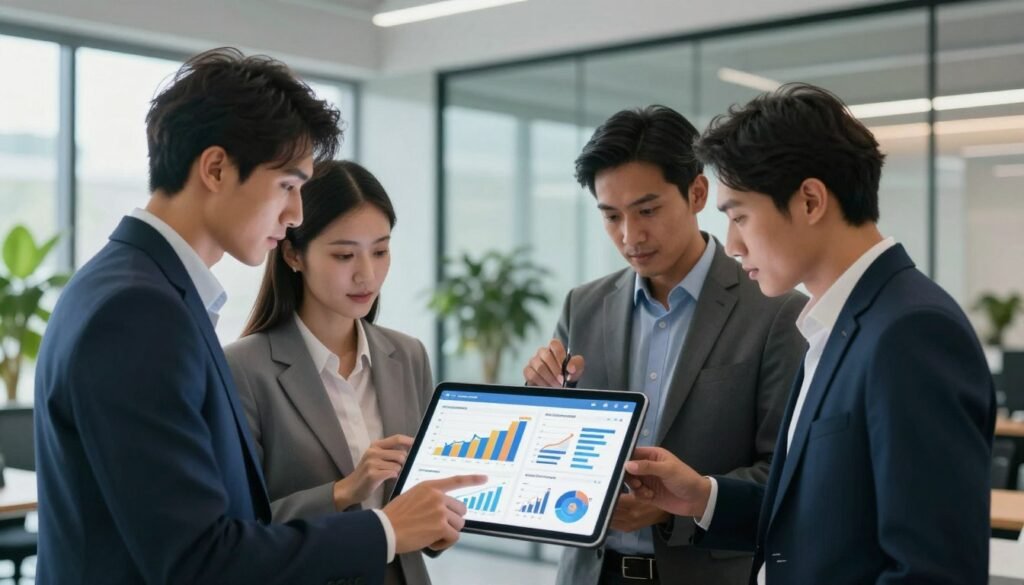 A visually engaging illustration showcasing key factors and tips for effective market analysis. In the foreground, a diverse group of three professionals—two men and one woman—are gathered around a large digital tablet, analyzing data charts and market trends. They are dressed in smart business attire, projecting professionalism and collaboration. In the middle, graphs, charts, and infographics are displayed on the tablet, symbolizing strategic insights. The background features a modern office environment with glass walls and greenery, conveying a sense of innovation and openness. Soft, natural lighting filters through the windows, creating a bright and inspiring atmosphere. The composition should evoke a mood of focus and determination, highlighting the importance of teamwork in identifying profitable business opportunities.